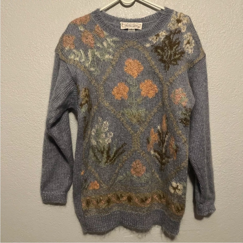 Vintage 80s Melbourne Elements Mohair Wool Blend Knit Sweater S Baby Blue Floral